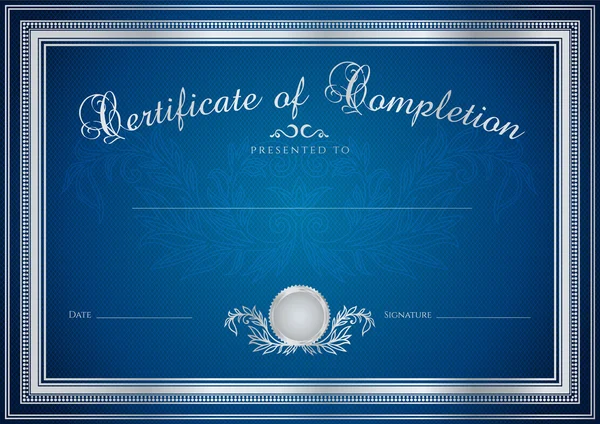 Dark blue Certificate, Diploma of completion (design template, sample background) with floral pattern (watermarks), border. Useful for: Certificate of Achievement, Certificate of education, awards — Stock Vector