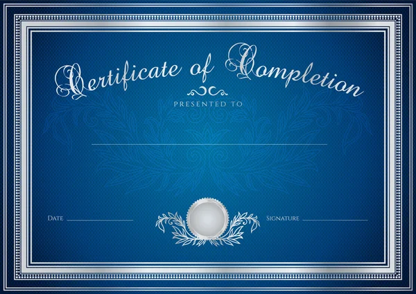 Certificat bleu foncé, diplôme d'achèvement (modèle de conception, fond de l'échantillon) avec motif floral (filigranes), bordure. Utile pour : Certificat de réussite, Certificat d'études, prix — Image vectorielle