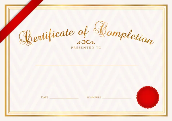 Certificado, diploma de finalización (plantilla de diseño, fondo de muestra) con patrón abstracto, borde dorado, cinta, sello de cera. Útil para: Certificado de Logro, Certificado de educación, premios — Archivo Imágenes Vectoriales