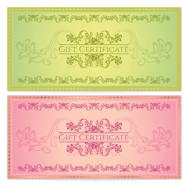 Gift certificate, Voucher, Coupon template (layout) with floral pattern (watermark), border. Background for invitation, banknote, cheque (check), money design, currency. Green, red color. Vector — Stock Vector