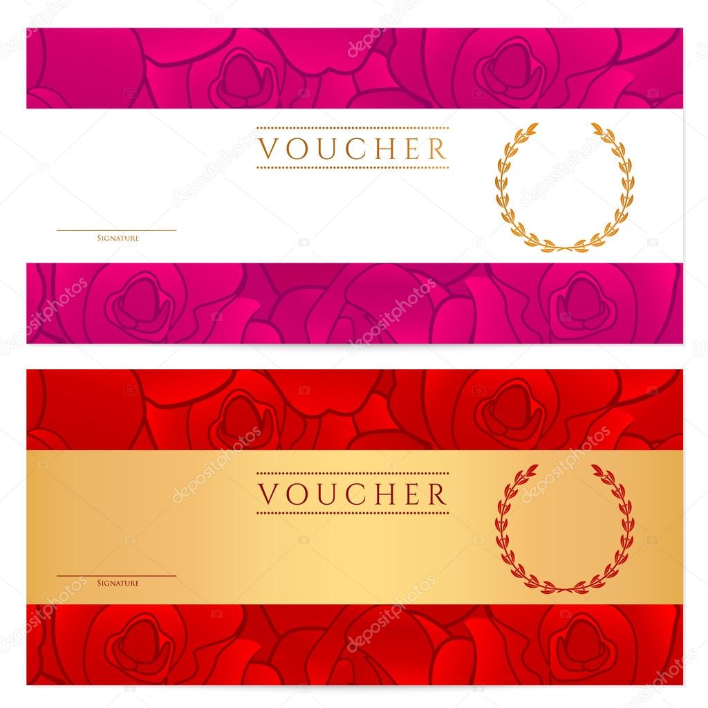 coupon con motivo floreale rosa rossa stilizzato fiore disegno di sfondo per l invito assegno check banconota moneta Vector nei colori oro