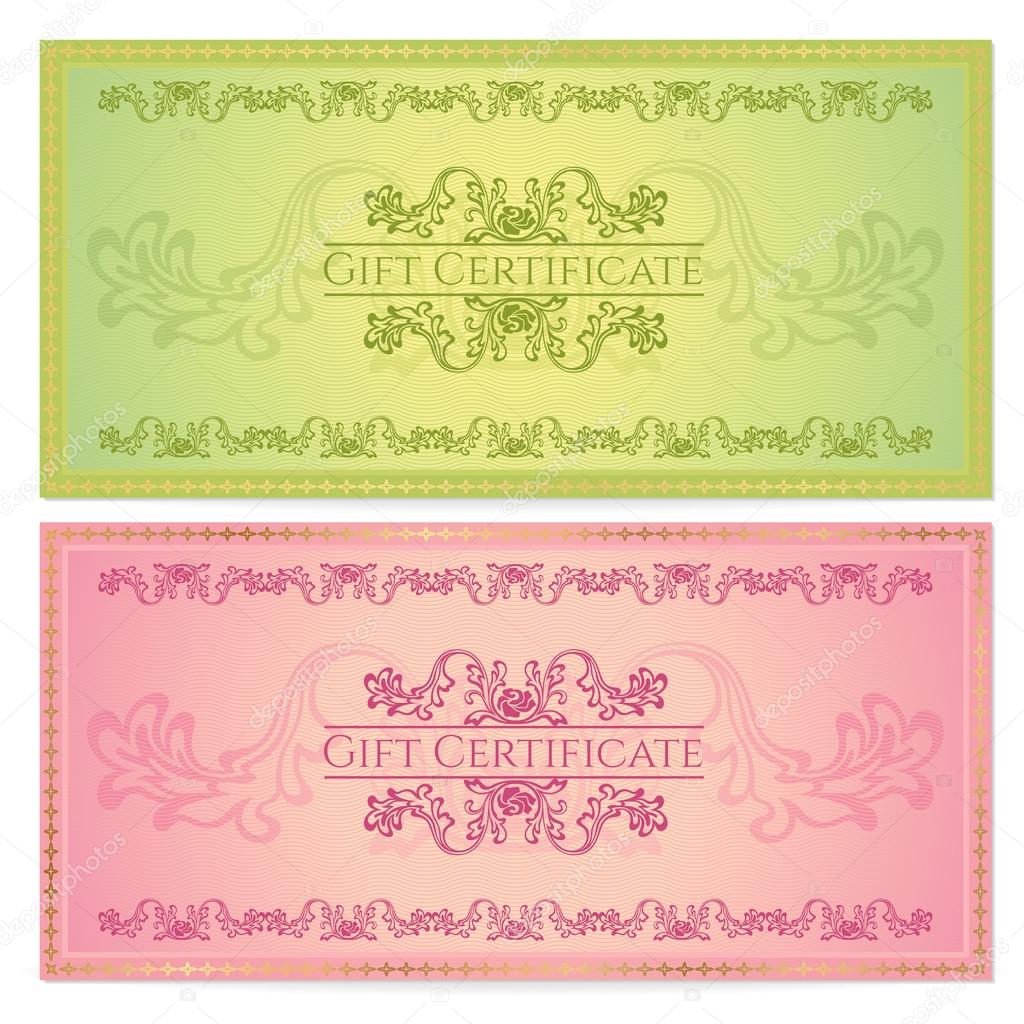 Gift certificate, Voucher, Coupon template (layout) with floral pattern (watermark), border. Background for invitation, banknote, cheque (check), money design, currency. Green, red color. Vector