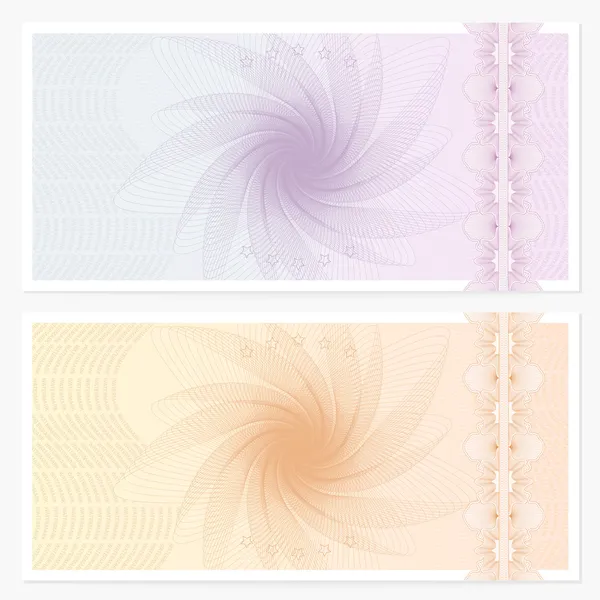 hediye sertifikası, voucher kupon guilloche desen (filigran), (düzen) şablonuyla sınır. banknot, para tasarım, para birimi, Not, onay (Çek), Bilet, ödül için arka plan. vektör