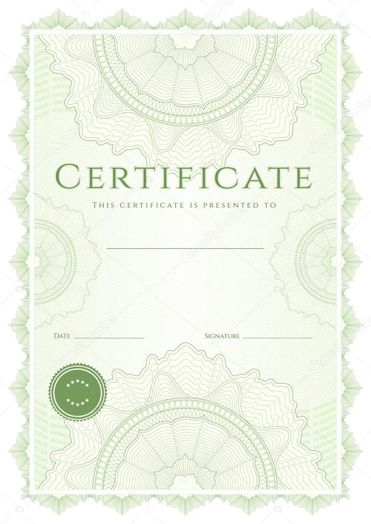 Green Certificate of completion (template or sample background) with guilloche pattern (watermarks), border. Design for diploma, invitation, gift voucher, official, ticket or awards (winner). Vector