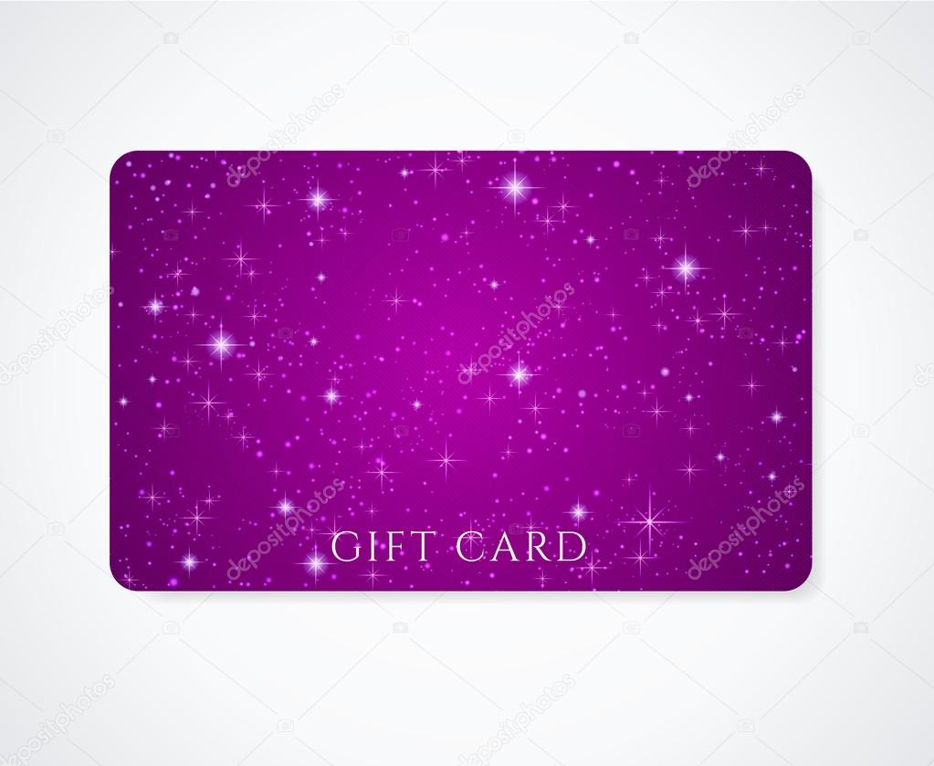 Dark violet (petunia) Gift, Business card template with abstract pattern, sparkling, twinkling stars. Cosmic atmosphere (background). Universe. Design for discount card, invitation, ticket. Vector