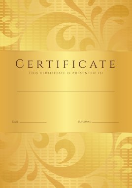 sertifika altın çiçek desenli (girdap, kaydırma şekli) ile tamamlanma (arka plan şablonu veya örnek). diploma, davetiye, hediye çeki, Bilet, altın Tasarım Ödülleri. vektör