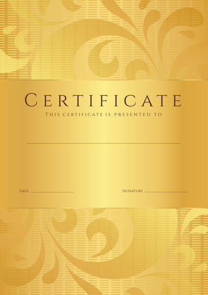 Certificate of completion (template or sample background) with golden floral pattern (swirl, scroll shape). Gold Design for diploma, invitation, gift voucher, ticket, awards. Vector