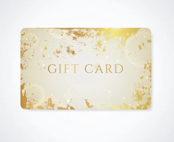 Golden Gift card, cartão de visita, cartão de desconto com padrão grunge (textura antiga com mancha), estrelas brilhantes. Design de fundo brilhante para cupom de presente, voucher, bilhete. Vetor — Vetor de Stock