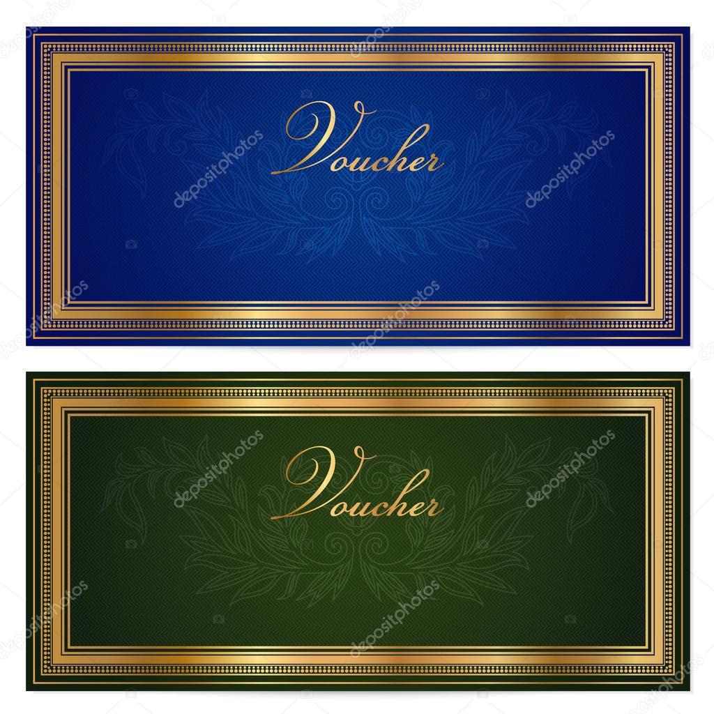 Gift certificate, Vouche, Coupon template (layout) with floral pattern (watermark), gold border. Background for banknote, money design, currency, note, check (cheque), ticket. Blue, green Vector