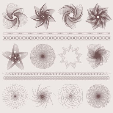 Set (collection) of watermarks and borders. Guilloche pattern (intricacy line elements) for money design, voucher, currency, gift certificate, coupon, banknote, diploma, check (cheque), note. EPS 8 clipart