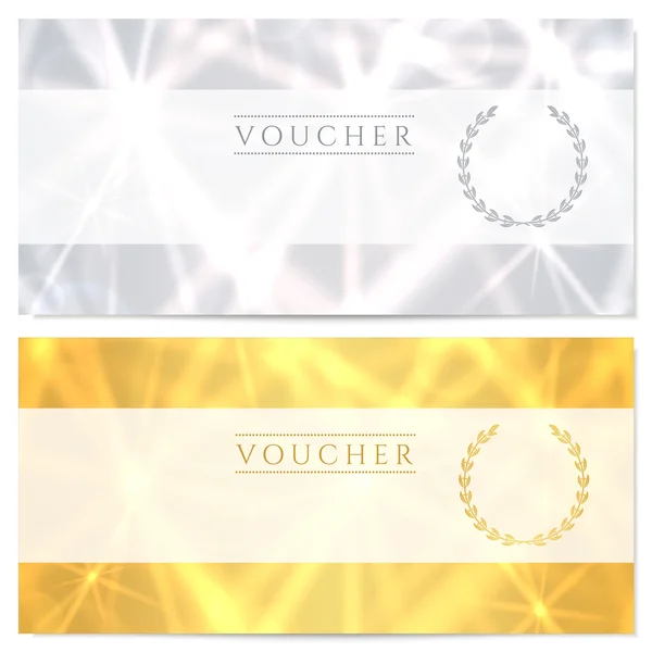 Certificado de presente, Voucher, Modelo de cupom (layout) com padrão abstrato, espumante, estrelas cintilantes. Concepção de fundo para convite, nota, cheque (cheque), moeda, banner. Ouro, prata — Vetor de Stock