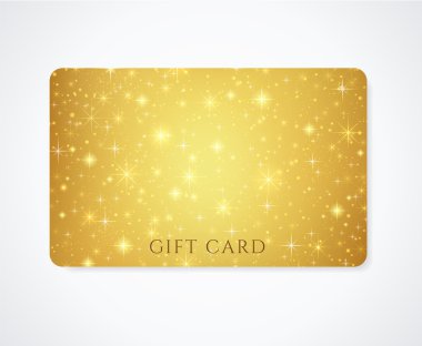 Altın (sarı, altın) hediye, kartvizit şablonuyla birlikte soyut desen, parlak, parlayan yıldız. Kozmik atmosfer (arka plan). Evren. İndirim kartı, davet, Bilet için tasarım. Vektör