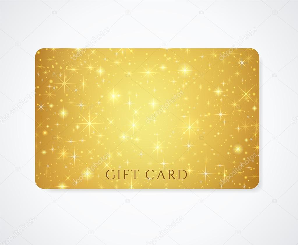 Gold (yellow, golden) Gift, Business card template with abstract pattern, sparkling, twinkling stars. Cosmic atmosphere (background). Universe. Design for discount card, invitation, ticket. Vector