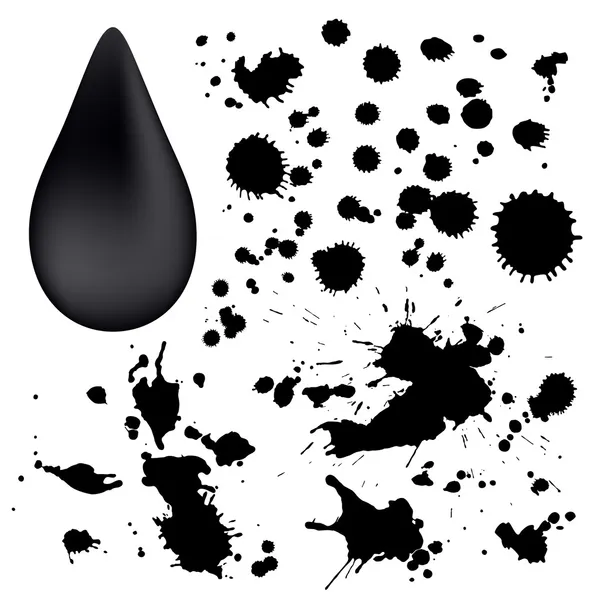 Set: Ink spots (splashing, blob, spatter, black blot, splat, blotch, splash). Isolated Ink drop (inkblot). Grunge texture with paint stains, dirty. Silhouette of splotches. Vector on white background — Stock Vector