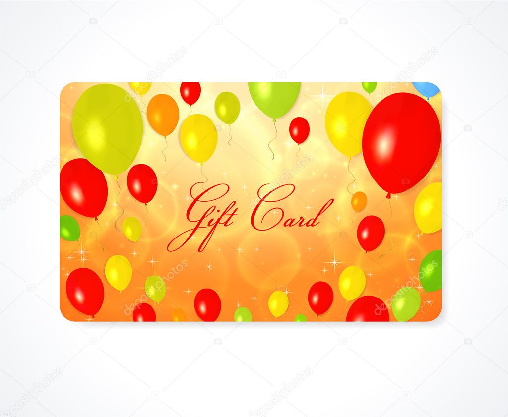 Bright Gift, Discount, Business card template (layout) with colorful balloons (yellow, red, green, orange colors) background. Design for gift certificate, Greeting Card, invitation, ticket. Vector