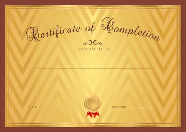 Certificado, Diploma de finalización (plantilla de diseño, fondo dorado) con patrón abstracto, borde marrón (marco), insignia. Útil para: Certificado de Logro, Certificado de educación, premios — Vector de stock