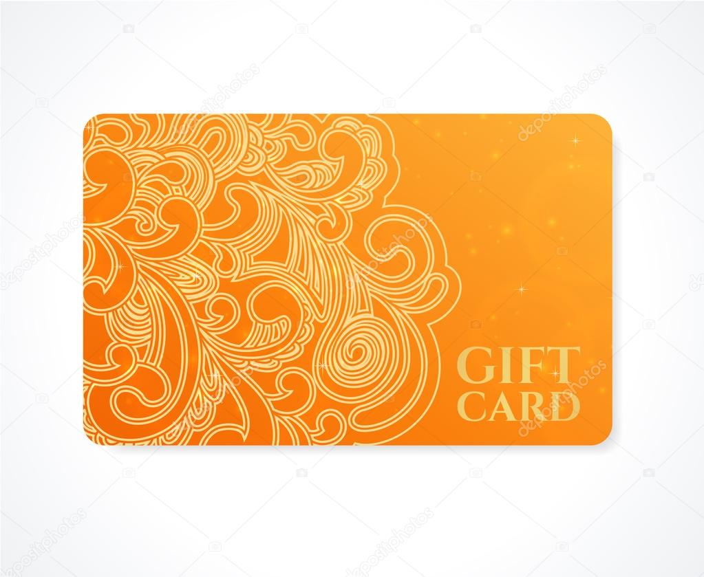 Bright Orange Gift card, Business card, Discount card template with floral (scroll, swirl shape) pattern. Design for discount card, invitation, ticket. Vector