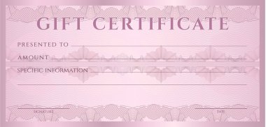 hediye sertifikası, voucher kupon guilloche desen (filigran), (düzen) şablonuyla sınır. banknot, para tasarım, para birimi, Not, onay (Çek), Bilet, ödül için arka plan. vektör