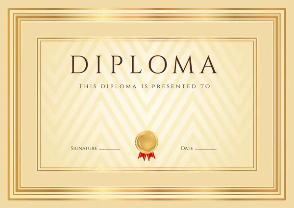 Certificate, Diploma of completion (design template, background) with abstract pattern, gold border (frame), insignia. Useful for: Certificate of Achievement, Certificate of education, awards — Stock Vector