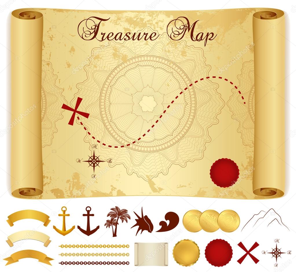 Treasure Map on old, vintage, antique paper (scroll or parchment) with cross, red mark, compass, anchor, banner ribbon, palm tree. Treasure hunt (Searching). Medieval Cartography. Vector template