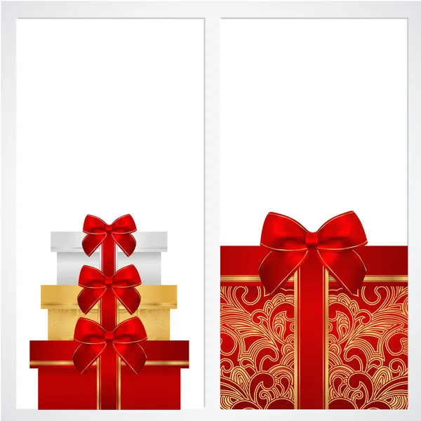 Gutschein, Gutschein, Gutscheinschablone mit Geschenkboxen, Schleife (Bänder, Geschenk). Hintergrunddesign für Einladung, Banner. Vektor in rot, goldenen Farben — Stockvektor