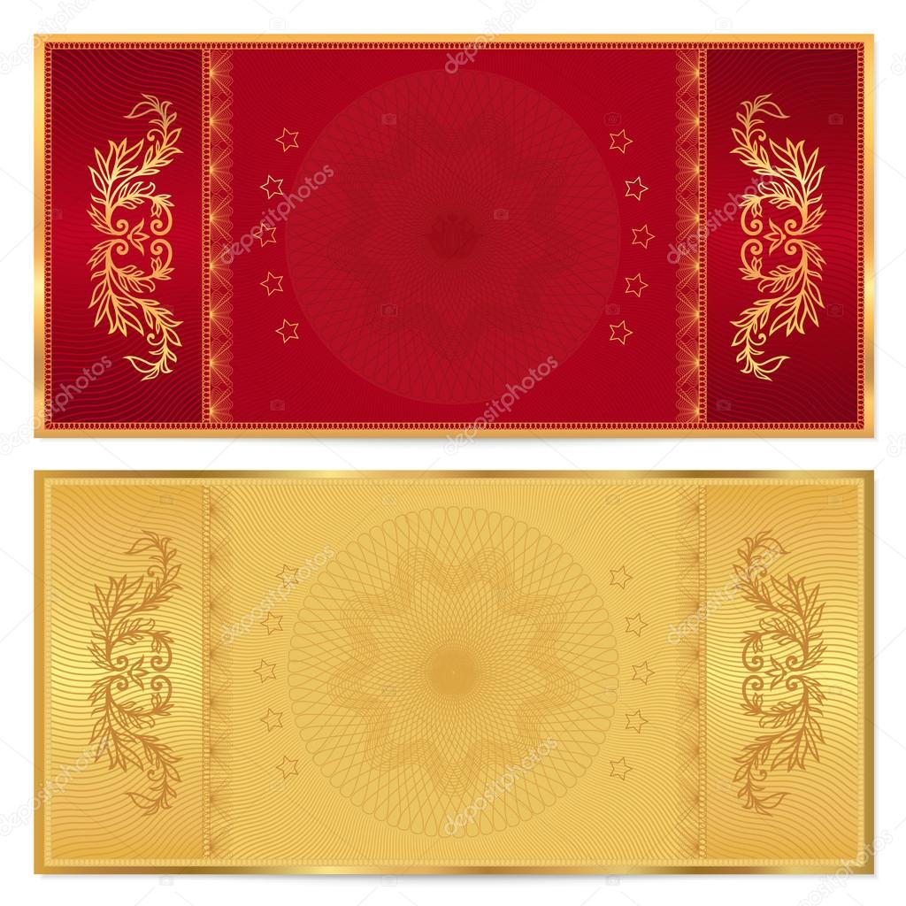 Gold ticket, Voucher, Gift certificate, Coupon template with floral border. Background design for invitation, banknote, money design, currency, check (cheque). Vector in gold, red (maroon) colors