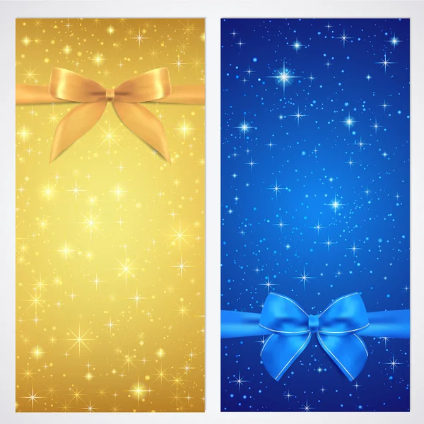 Coupon, bon, chèque cadeau, modèle de carte cadeau avec arc (rubans, cadeau) avec scintillement, étoiles scintillantes. Fond de nuit design pour invitation, bannière, billet. Vecteur en or, couleur bleue — Image vectorielle