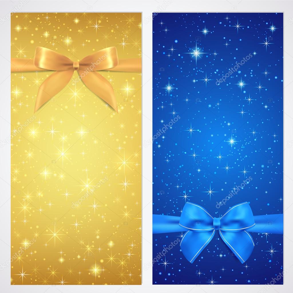 Coupon, Voucher, Gift certificate, gift card template with bow (ribbons, present) with sparkling, twinkling stars. Night background design for invitation, banner, ticket. Vector in gold, blue color