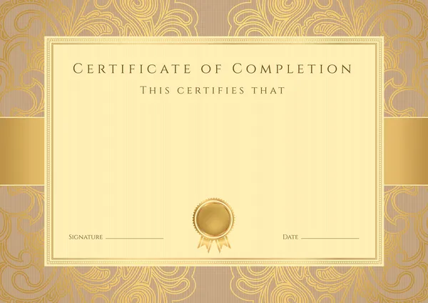 Certificaat, diploma van voltooiing (ontwerpsjabloon, achtergrond) met bloemmotief, gouden rand (frame), insignes. nuttig voor: certificaat van voltooiing, certificaat van onderwijs, awards — Stockvector