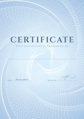 çerçeve belgesi, diploma ile mavi guilloche desen (filigran), tamamlanma (arka plan, tasarım şablonu). için yararlı: başarı, eğitim, ödüller, kazanan Sertifikası belgesi