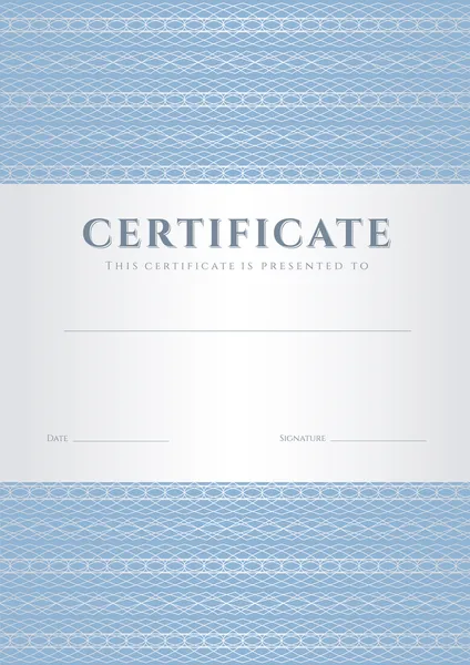 Blauw certificaat, diploma van voltooiing (ontwerpsjabloon, achtergrond) met guillochepatroon (watermerk), grens, frame. nuttig voor: certificaat van voltooiing, certificaat van onderwijs, award, winnaar — Stockvector