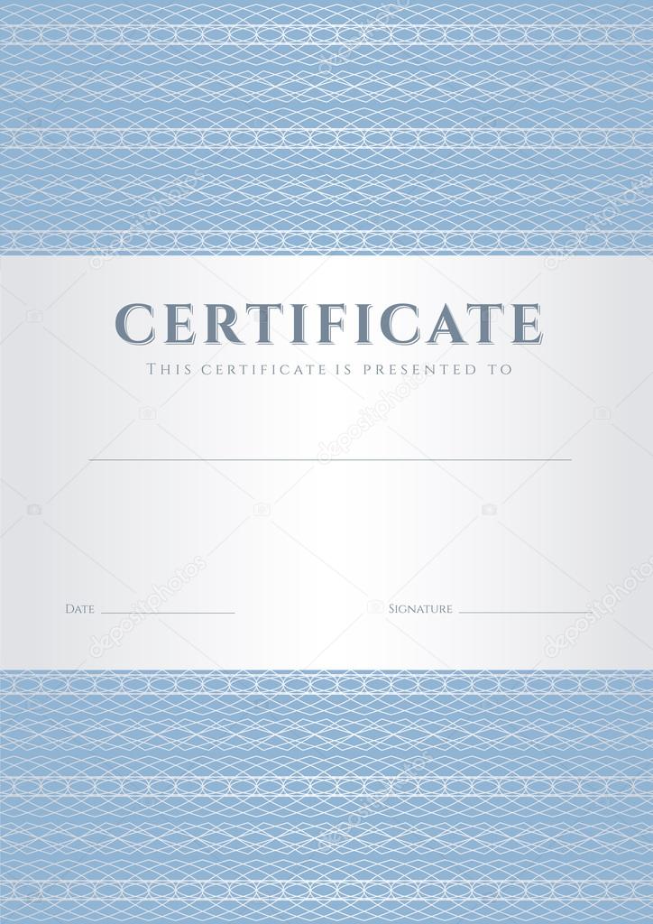 Blue Certificate, Diploma of completion (design template, background) with guilloche pattern (watermark), border, frame. Useful for: Certificate of Achievement, Certificate of education, award, winner