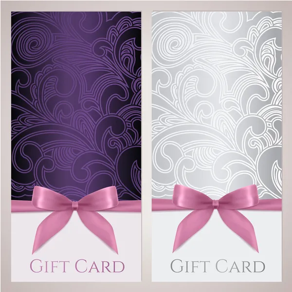 Chèque-cadeau, carte-cadeau, bon, modèle de coupon avec motif floral (rouleau, tourbillon), arc (rubans, cadeau). Conception de fond pour invitation, billet, bannière. Vecteur en violet, couleurs argent — Image vectorielle