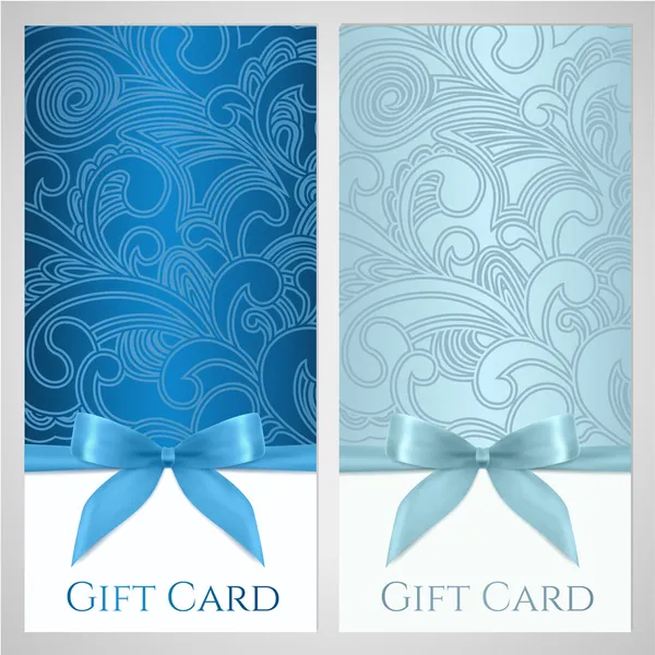 Chèque-cadeau, carte-cadeau, bon, modèle de coupon avec motif floral (rouleau, tourbillon), arc (rubans, cadeau). Conception de fond pour invitation, billet, bannière. Vecteur en bleu, couleurs turquoise — Image vectorielle