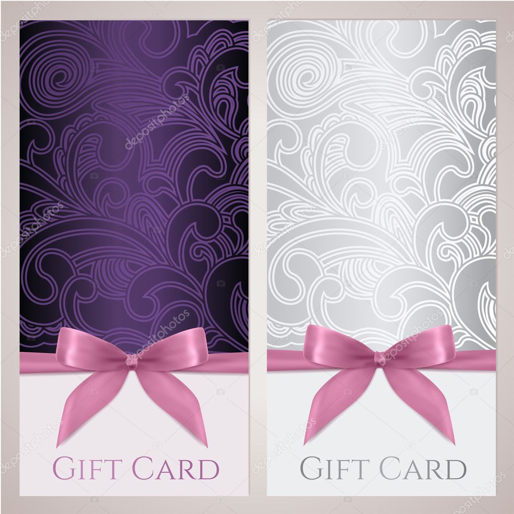Gift certificate, gift card, Voucher, Coupon template with floral (scroll, swirl) pattern, bow (ribbons, present). Background design for invitation, ticket, banner. Vector in violet, silver colors