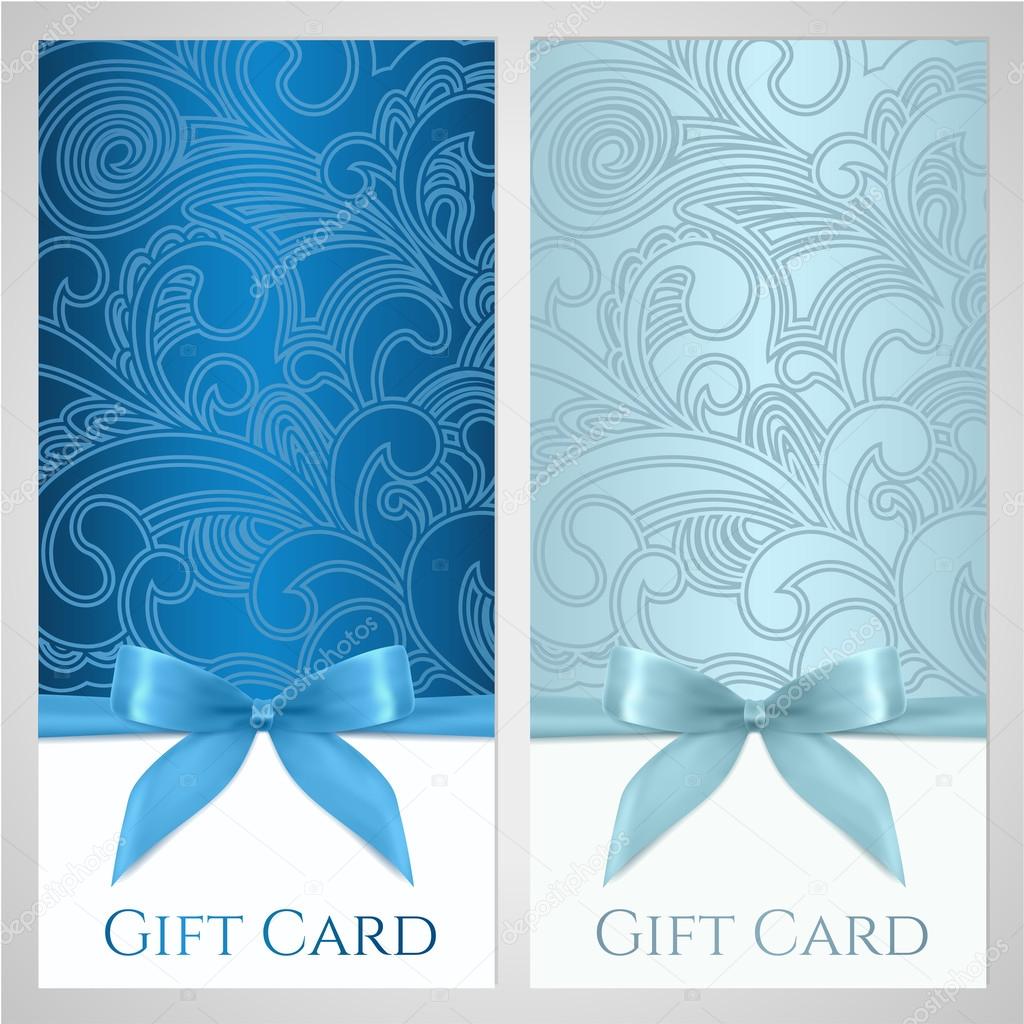 Gift certificate, gift card, Voucher, Coupon template with floral (scroll, swirl) pattern, bow (ribbons, present). Background design for invitation, ticket, banner. Vector in blue, turquoise colors