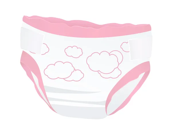 Baby diapers for girl (pink color) with funny picture (clouds). Isolated vector illustration on white background — Stock Vector