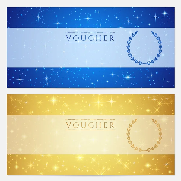 Vale de regalo, cupón, plantilla de cupón con brillantes estrellas centelleantes. Cielo nocturno diseño de fondo para invitación, banner, boleto. Vector en oro, color azul — Vector de stock