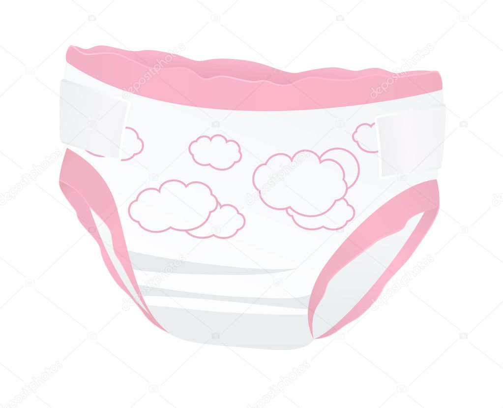 Baby diapers for girl (pink color) with funny picture (clouds). Isolated vector illustration on white background