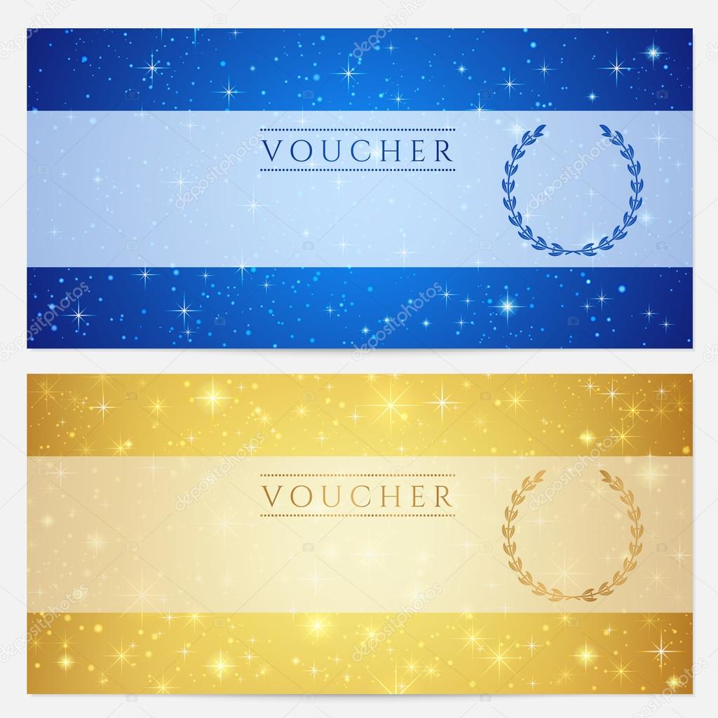 Gift certificate, Voucher, Coupon template with sparkling, twinkling stars. Night sky background design for invitation, banner, ticket. Vector in gold, blue color