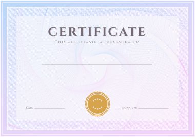 Certificate, Diploma of completion (design template, background) with guilloche pattern (watermark), border, frame. Useful for: Certificate of Achievement, Certificate of education, awards, winner clipart