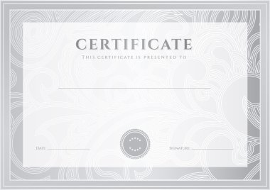 Sertifika, diploma tamamlanma (arka plan, tasarım şablonu). çiçek (kaydırma, swirl) model (filigran), sınır, çerçeve. için: başarı, eğitim, ödüller, kazanan Sertifikası belgesi