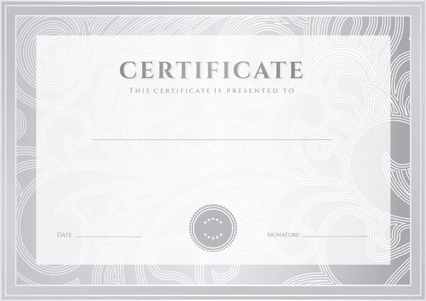 Certificado, Diploma de finalización (plantilla de diseño, fondo). Patrón floral (desplazamiento, remolino) (marca de agua), borde, marco. Para: Certificado de Logro, Certificado de educación, premios, ganador — Vector de stock