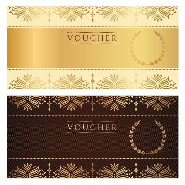 Gutschein, Gutschein, Gutscheinschablone mit Blumenrand. Hintergrunddesign für Einladung, Ticket, Banknote, Gelddesign, Währung, Scheck (Scheck). Vektor in gold, dunkelbraune Farben — Stockvektor