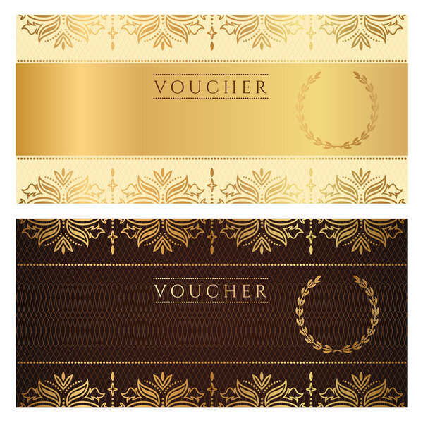 Voucher, Gift certificate, Coupon template with floral border. Background design for invitation, ticket, banknote, money design, currency, check (cheque). Vector in gold, dark brown colors