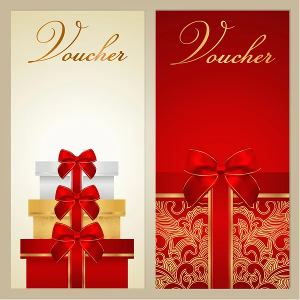 Voucher, Buono regalo, Modello coupon con bordo, fiocco (nastri, presente). Design di sfondo (Natale, Compleanno) per inviti, banner, biglietti. Vettore in rosso, colori oro — Vettoriale Stock