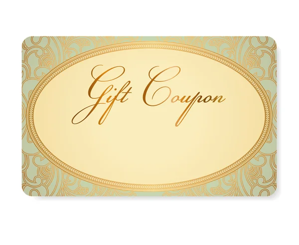 Coupon cadeau turquoise, carte cadeau (carte de réduction, carte de visite) avec motif floral (rouleau, tourbillon) or (tracé). Conception de fond pour bon, invitation, billet, etc. Vecteur — Image vectorielle