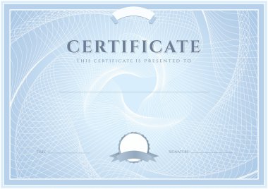 Sertifika, diploma guilloche desen (filigran), sınır, çerçeve ile tamamlanma (arka plan, tasarım şablonu). başarı, sertifika eğitim, kupon, ödüller, kazanan mavi belgesi