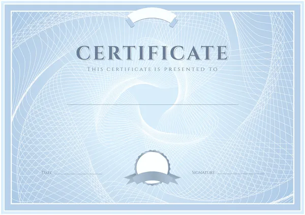 Certificado, Diploma de finalización (plantilla de diseño, fondo) con patrón guilloche (marca de agua), borde, marco. Certificado Azul de Logro, Certificado de educación, cupón, premios, ganador — Vector de stock