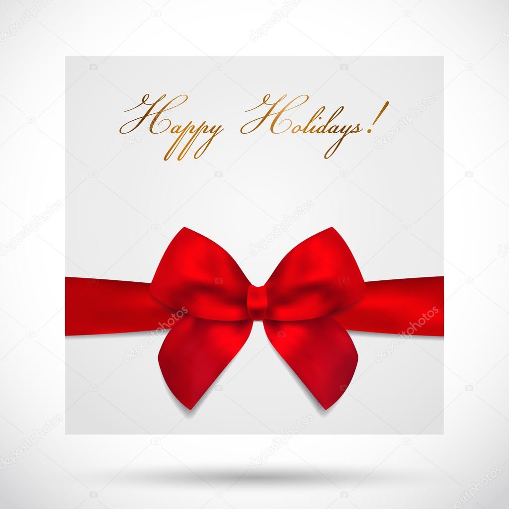 Holiday card, Christmas card, Birthday card, Gift card (greeting card) template with big lush red bow (ribbons, present). Holiday (celebration) background design for invitation, banner. Vector